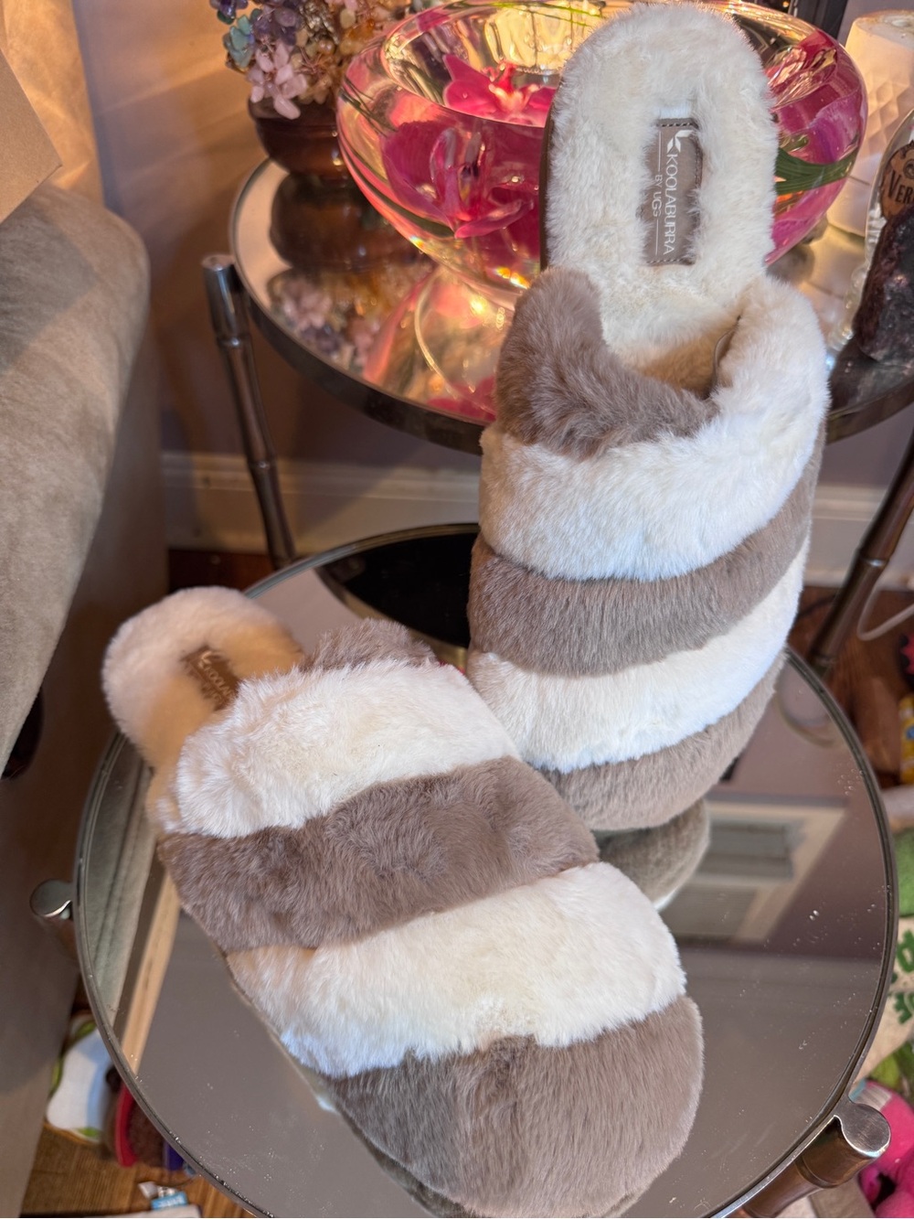 Koolaburra Plush Stripe Slide Slippers - Cream and Taupe size 12